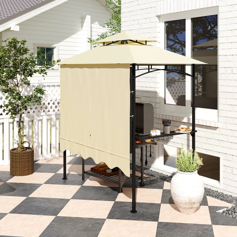 8' x 7.6' Grill Gazebo, Double Tiered Barbecue Grill Gazebo Shelter w/ Side Awning, 2 Side Shelves, 6 Hooks, Beige
