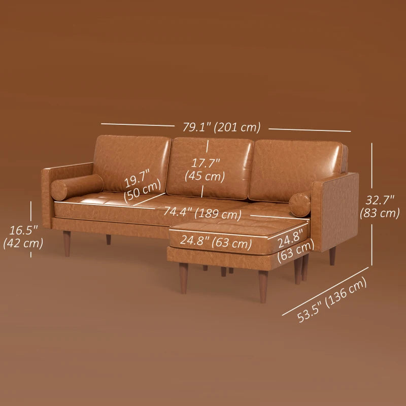 Faux Leather Sectional Sofa Couch L-Shaped Corner Sofa Set with Footstool and 2 Bolster Pillows, Brown