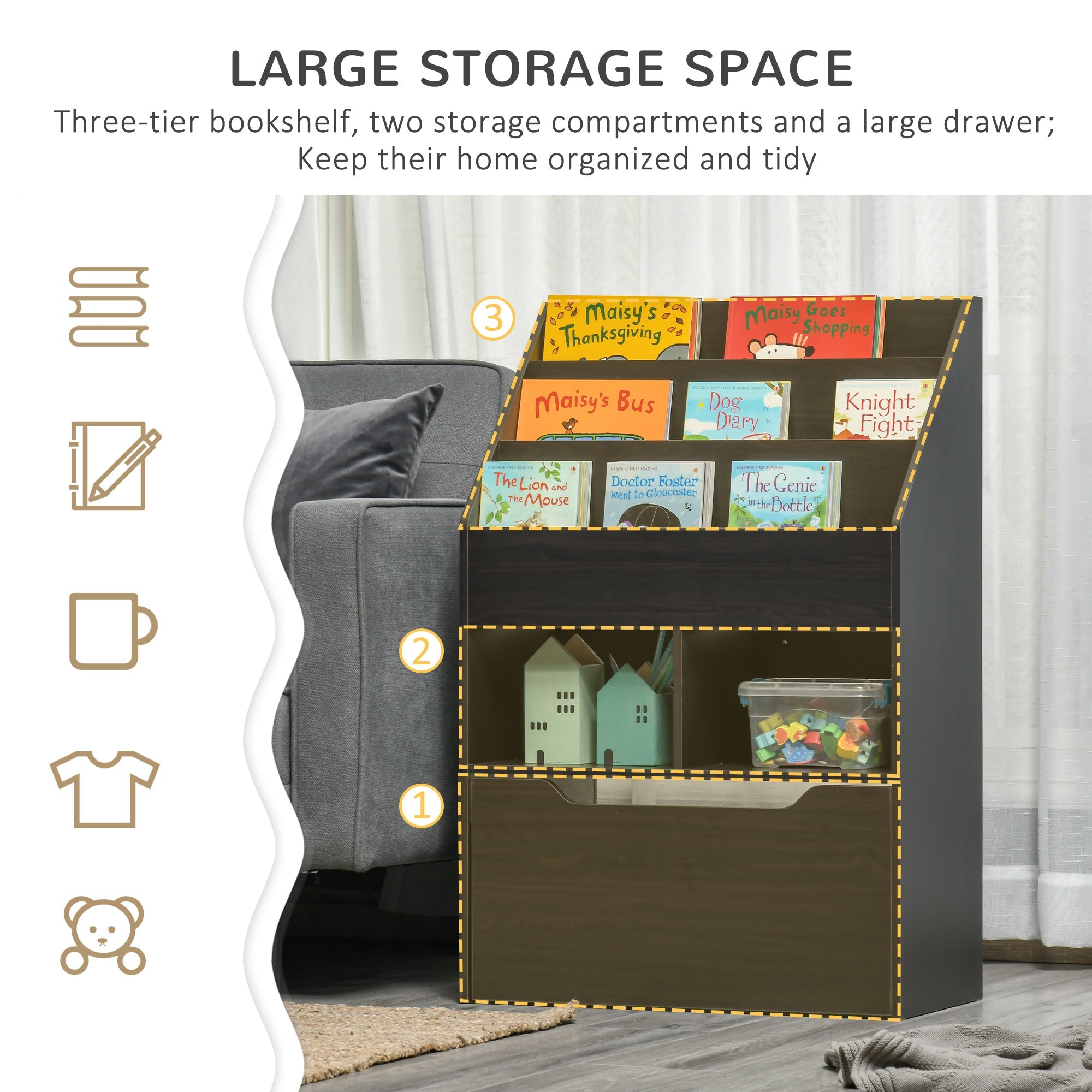 HOMCOM Kids Bookcase Multi Shelf Rack Organizer Storage Drawer Reading Nook Classroom Bedroom Playroom Brown