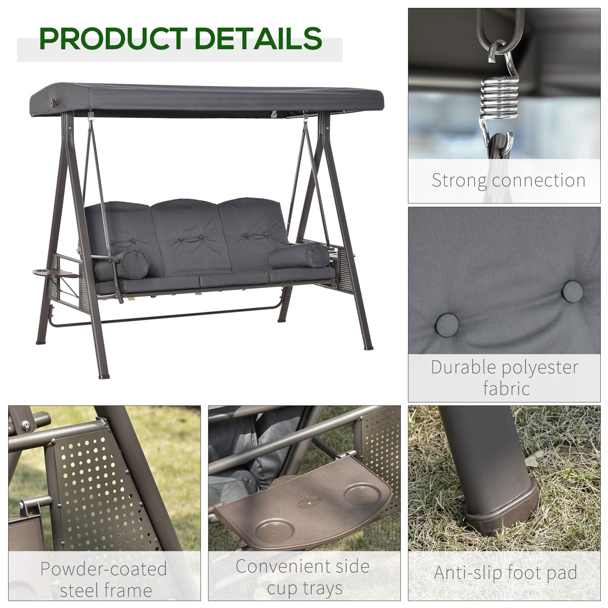 Outsunny Outdoor Patio 3-Person Steel Canopy Cushioned Seat Bench Swing with Included Side Trays & Padded Comfort, Dark Grey
