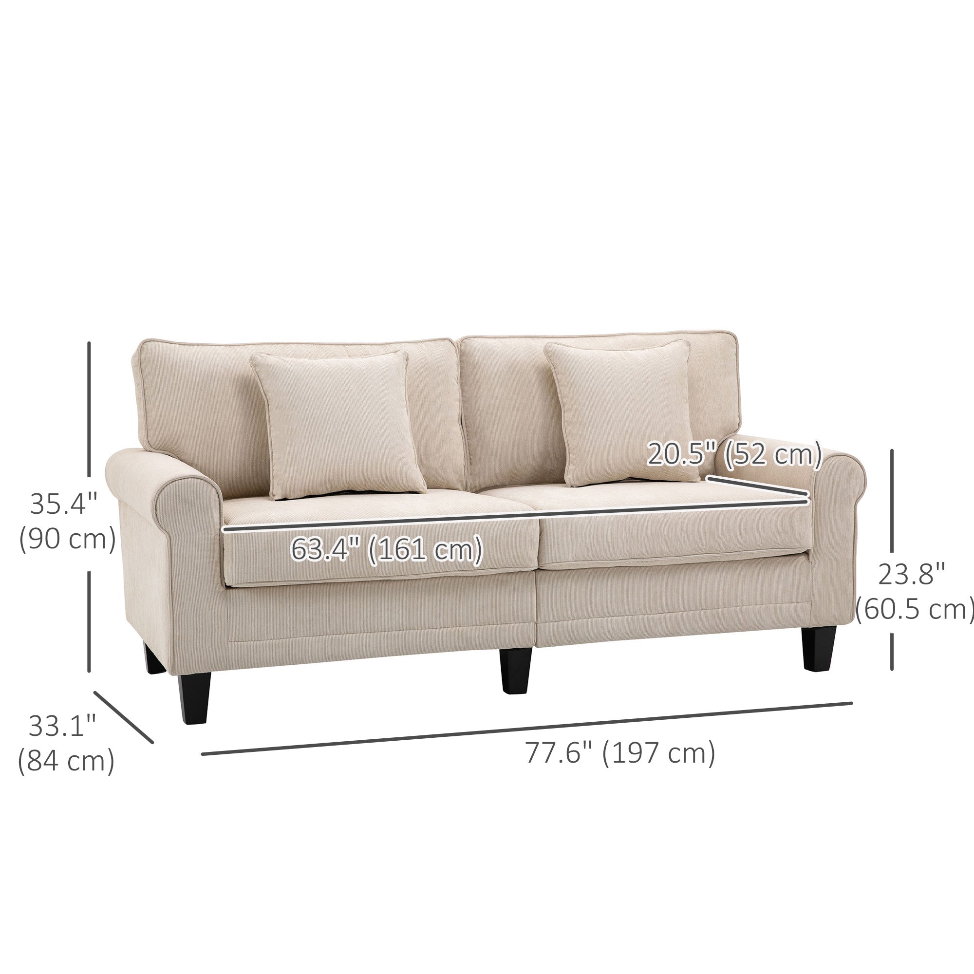 HOMCOM Modern 3 Seater Sofa, Corduroy Fabric 3 Seater Couch with Pine Wood Legs and Rolled Armrests for Living Room, Beige
