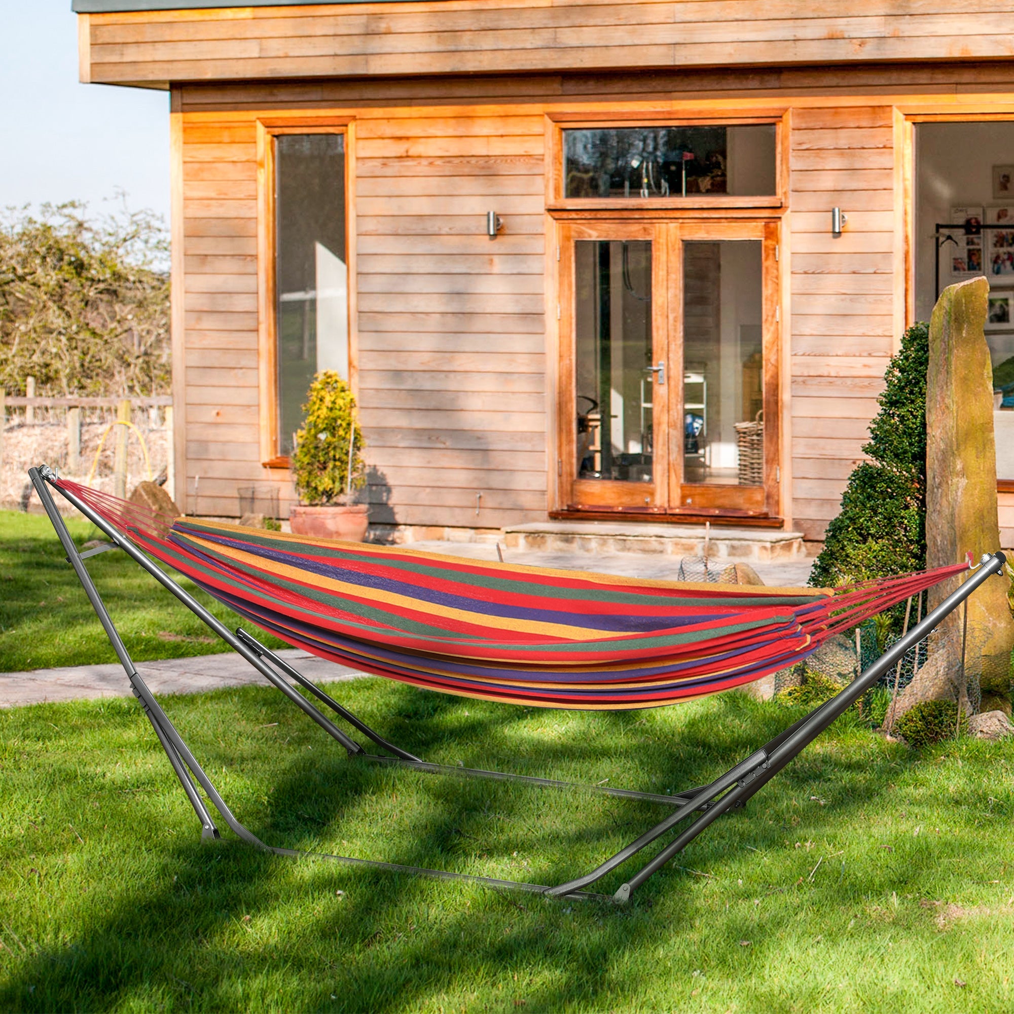 Outsunny Portable Hammock Stand 2 in 1 Net Stand Clothes Drying Rack for Patio Garden Yard Black