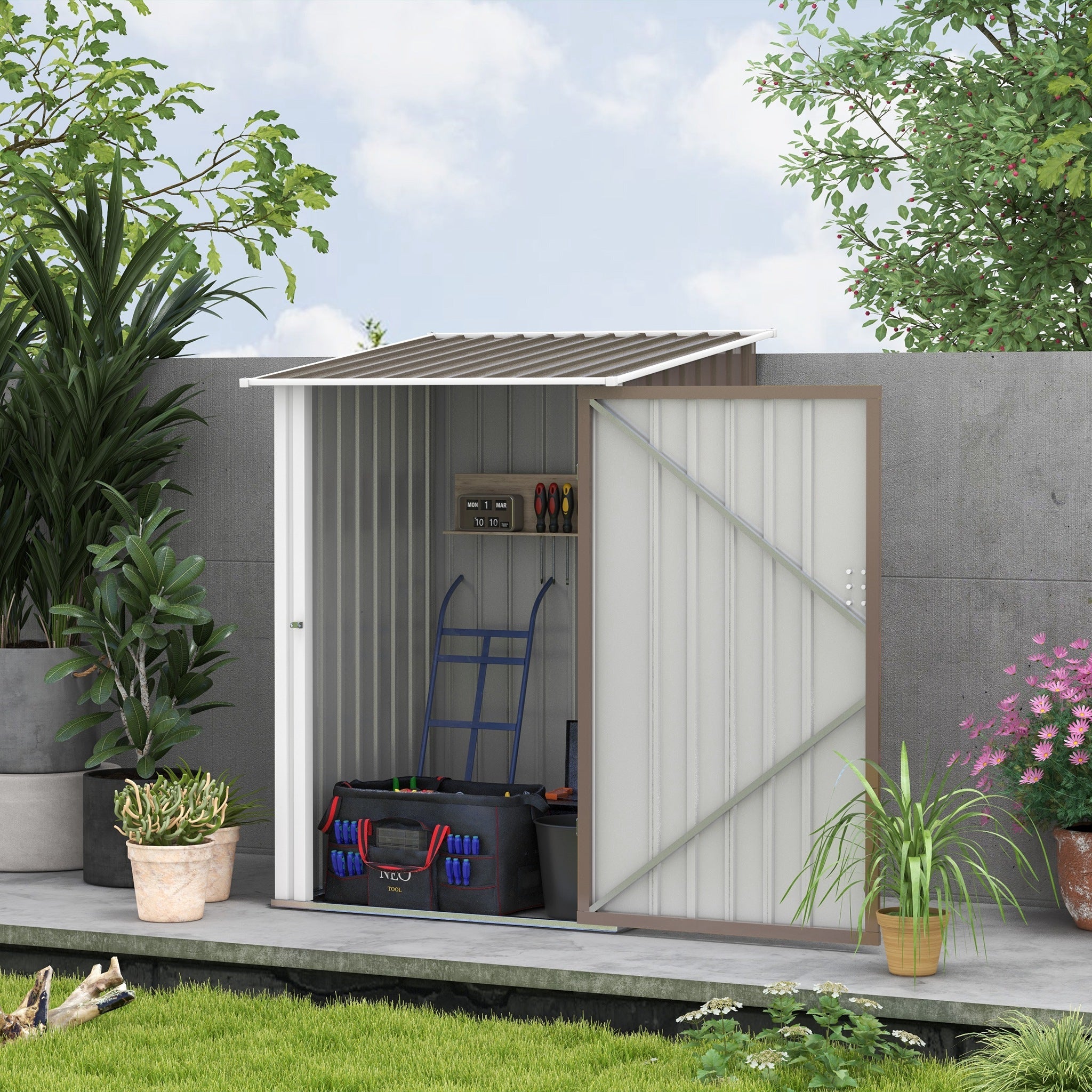 Outsunny 3.3' x 3.4' Lean-to Outdoor Garden Storage Shed, Galvanized Steel with Lockable Door for Patio Brown and White
