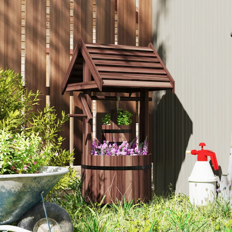 Wood Wishing Well Outdoor Wooden Planter with Hanging Bucket and Drainage Hole for Garden, Patio, Backyard, Tan