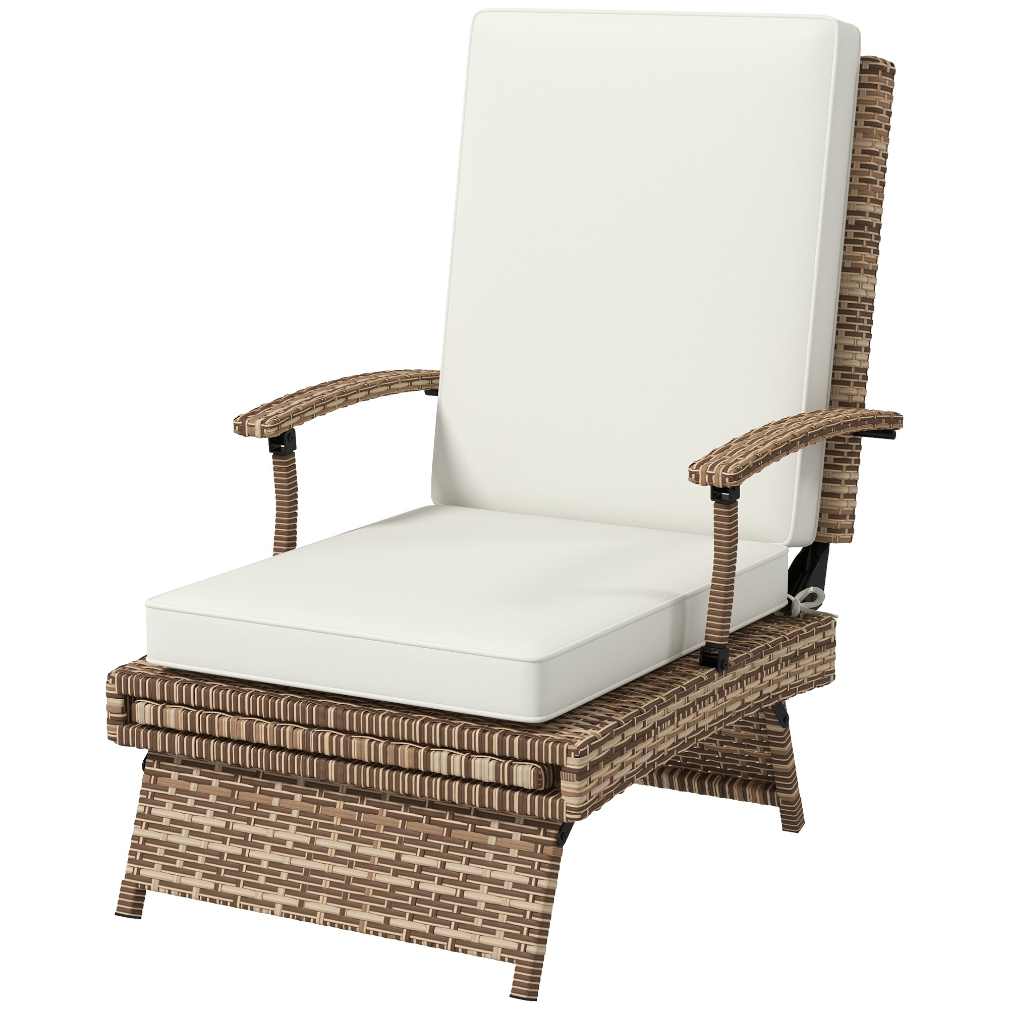 Outsunny Outdoor Wicker Foldable Recliner Chair with Retractable Footrest, Cushion, White