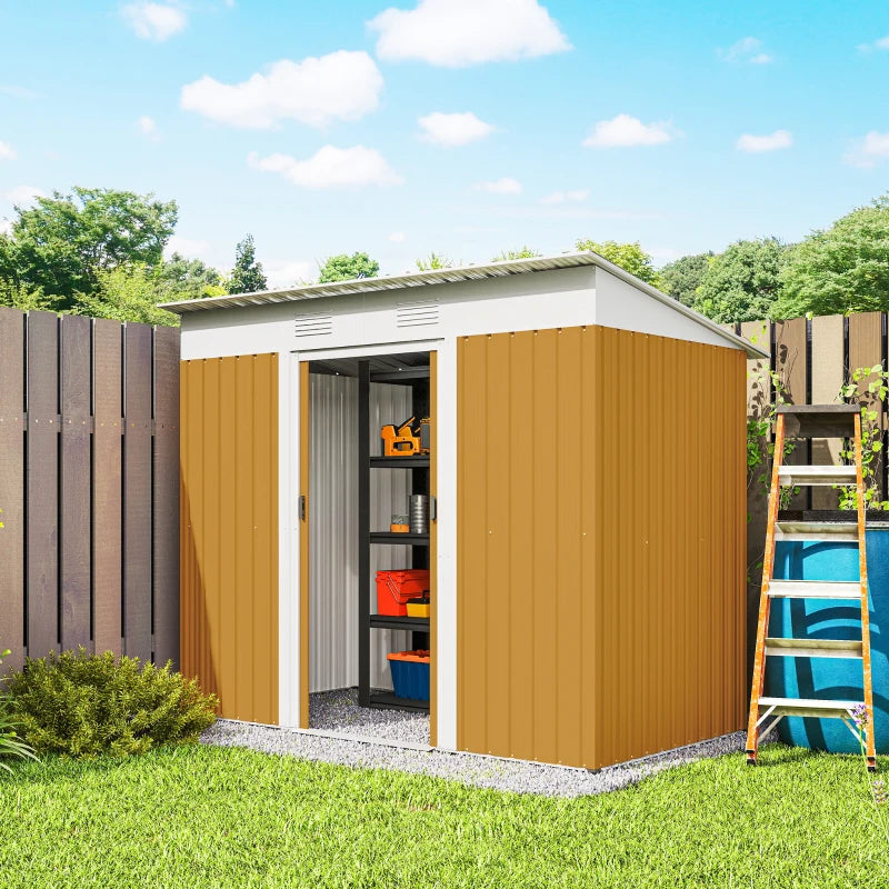 7' x 4' Outdoor Storage Shed, Metal Garden Tool Storage House Organizer with Lockable Sliding Doors and Vents for Backyard Patio Lawn, Yellow