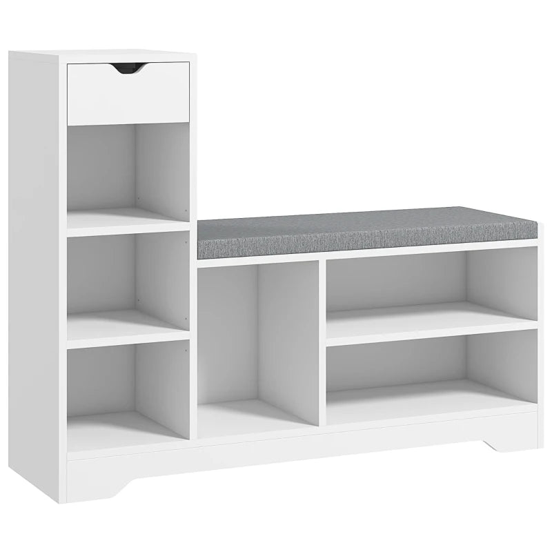 Upholstered Shoe Storage Bench w/ Seat, Entrance Bench w/ Drawer and 6 Open Shelves for Hallway, White