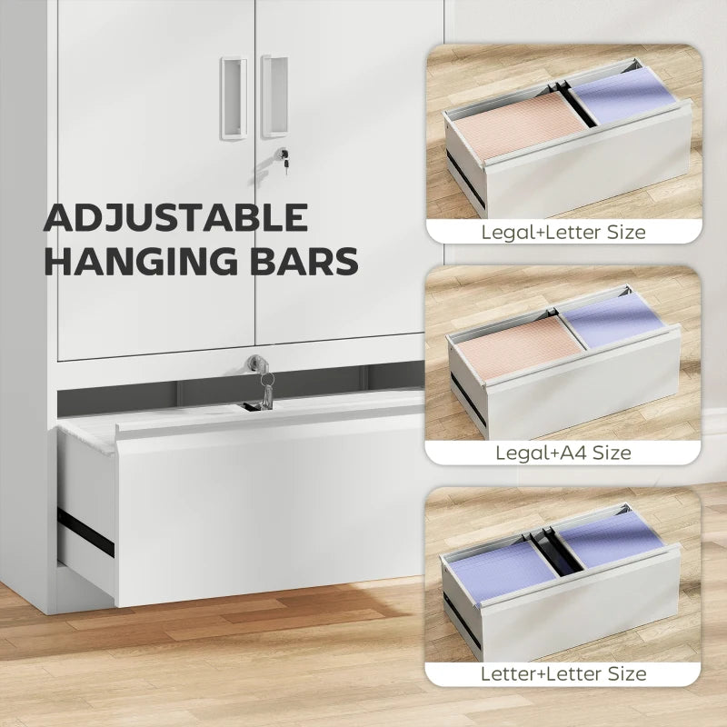 Lateral Filing Cabinet, Metal Storage Cabinet, Garage Cabinet with Double Locks, Adjustable Shelf and File Drawer, White