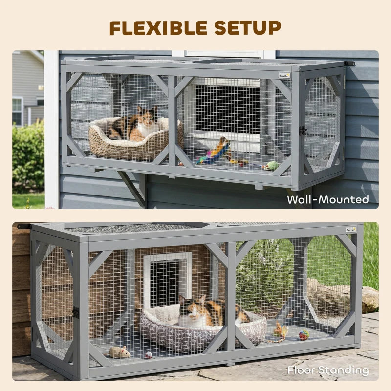 PawHut Wooden Outdoor Cat Tunnel Catio with 2 Access Doors, Wall or Floor Mount Extendable Pet Run