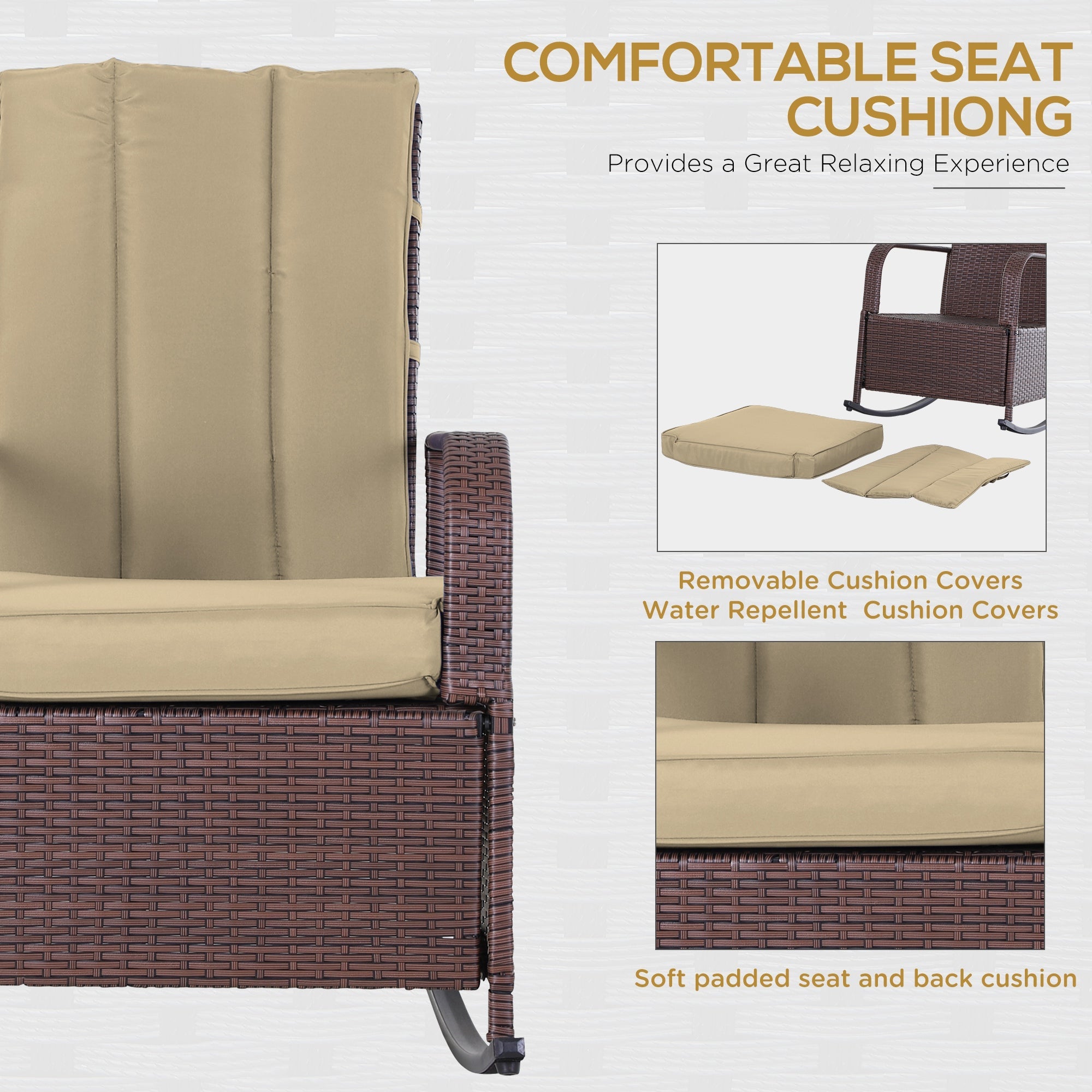 Outsunny Wicker Rocking Chair Outdoor Patio PE Rattan Recliner with Cushion Adjustable Footrest Khaki