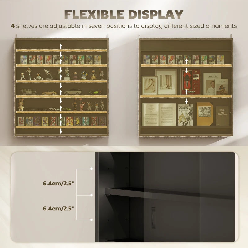7-Tier Display Cabinet, Shot Glass Display Case, Glass Curio Cabinet with 2 Glass Doors and 6 Adjustable Shelves, Black
