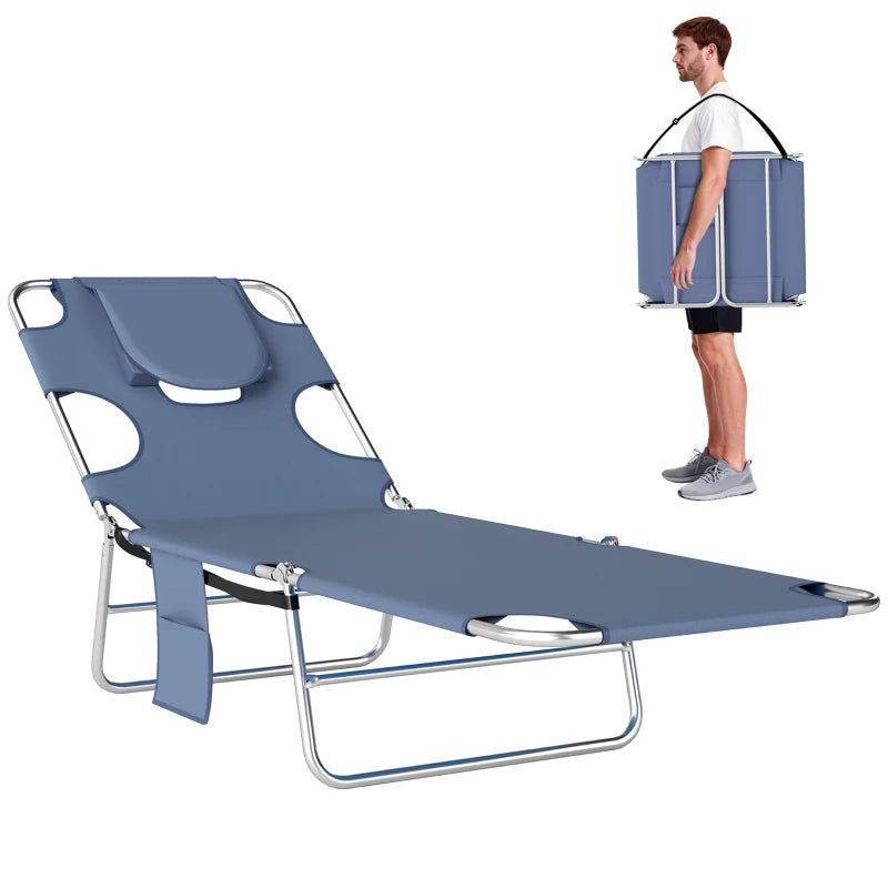 Folding Outdoor Lounge Chair, 5-Level Tanning Chair with Face Hole, Side Pocket, Carry Strap for Beach Pool, Grey