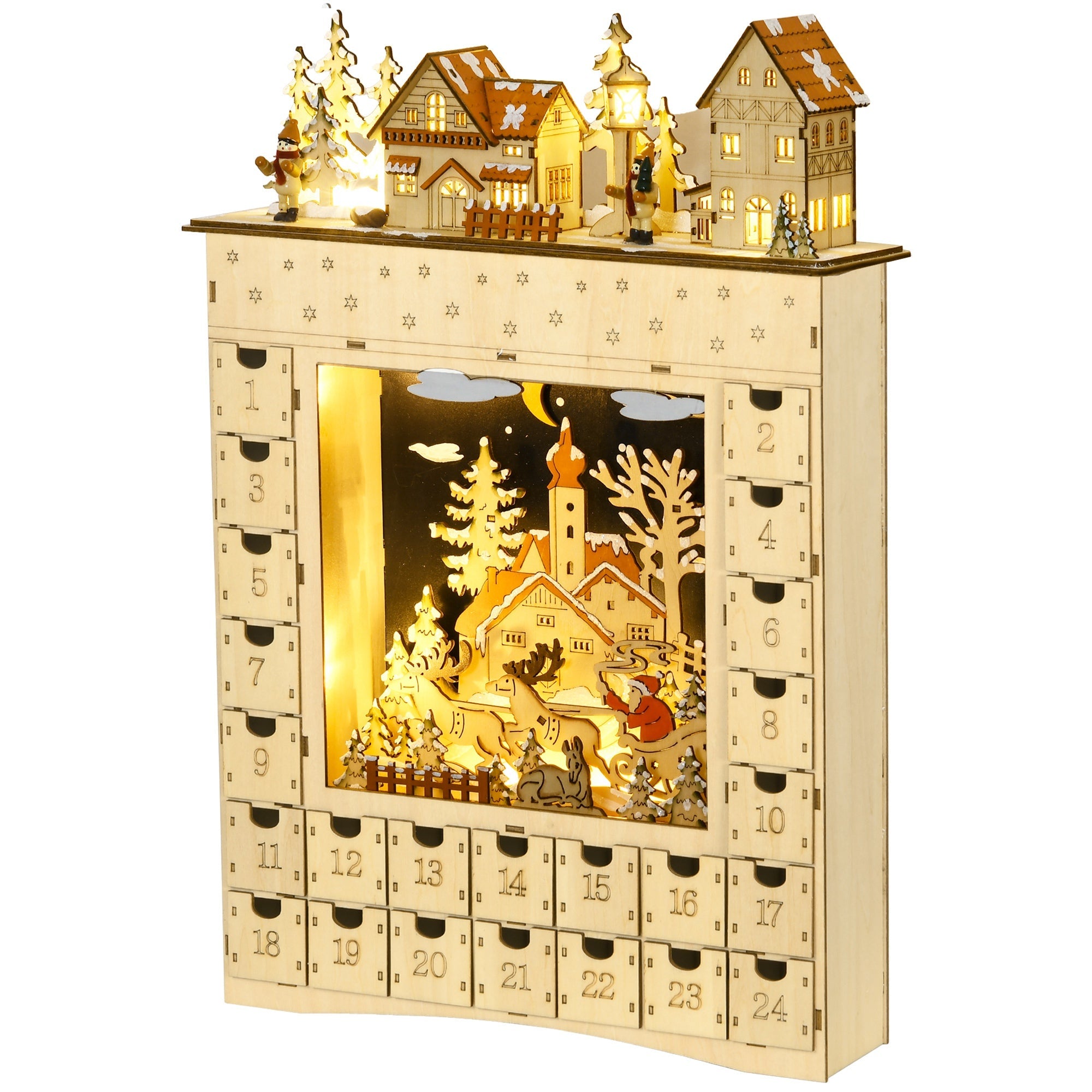 HOMCOM Festive Advent Calendar - Wooden Countdown with 24 Drawers, LED Lights, Battery-Operated Table Decor
