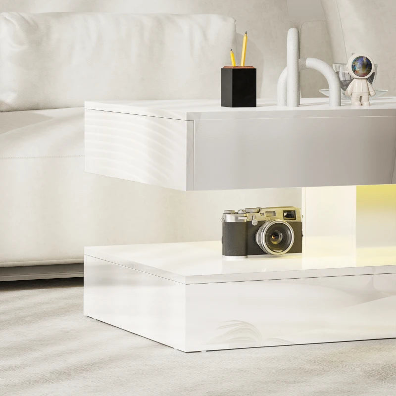 Coffee Table with Adjustable LED Lights, Modern Living Room Table with 2 Drawers, Open Shelf, Remote, High Gloss White