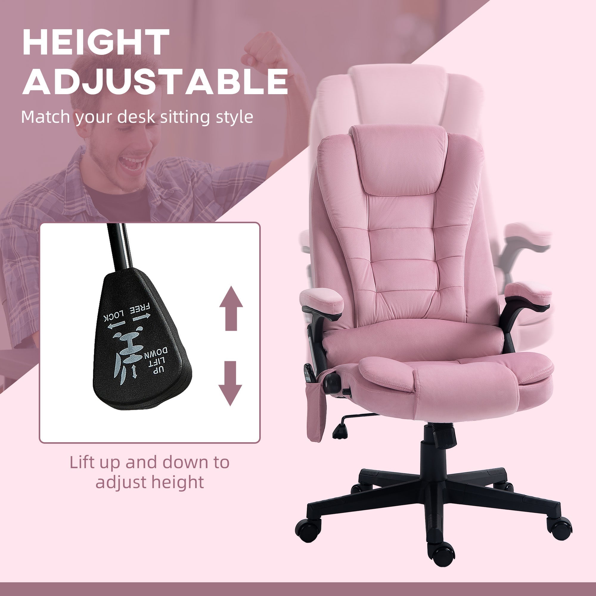 Vinsetto 6 Point Vibrating Massage Office Chair High Back Executive Chair with Reclining Back, Swivel Wheels, Pink