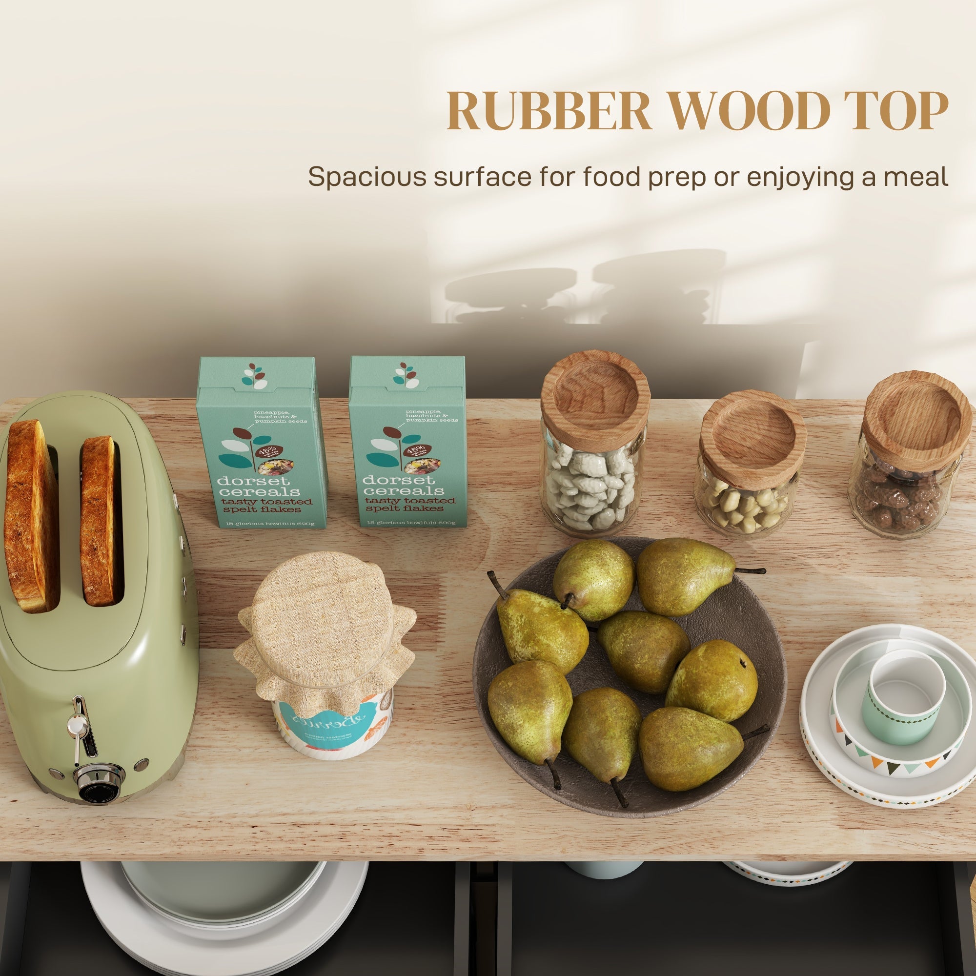 HOMCOM Kitchen Island on Wheels Rubberwood Top Rolling Cart 2 Drawers 4 Doors Adjustable Shelves Mobile Storage Furniture