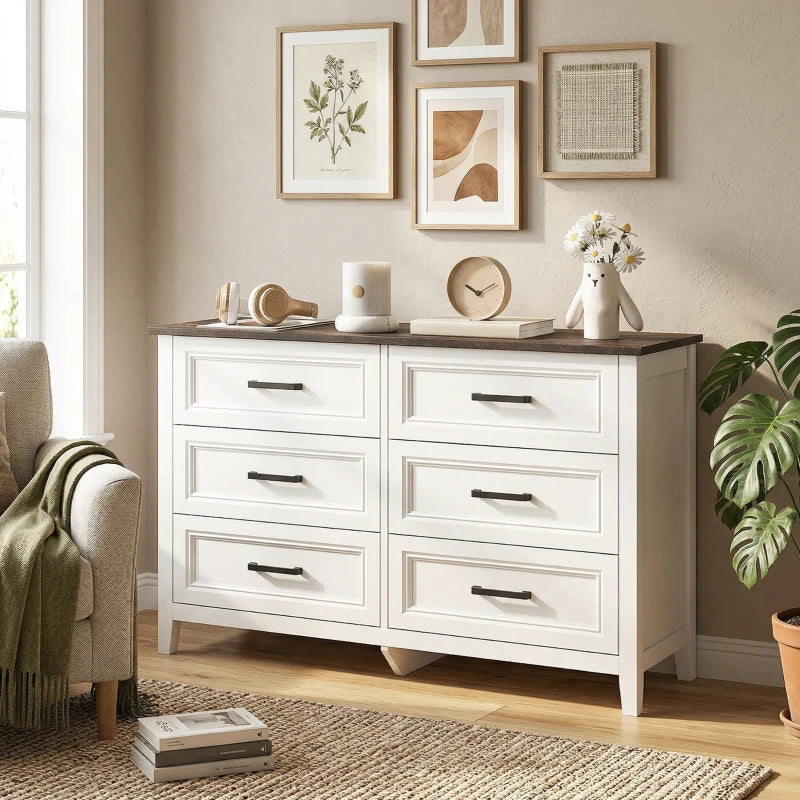 HOMCOM Wide 6 Drawer Dresser for Bedroom, Modern Storage Chest with Wood Top for Living Room, Closet & Entryway
