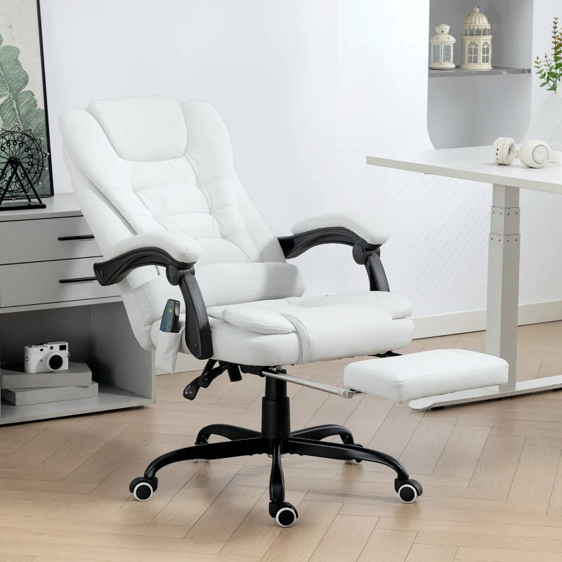 7-Point Vibrating Massage Chair, Reclining Office Chair with Footrest, Reclining Back, Adjustable Height, White