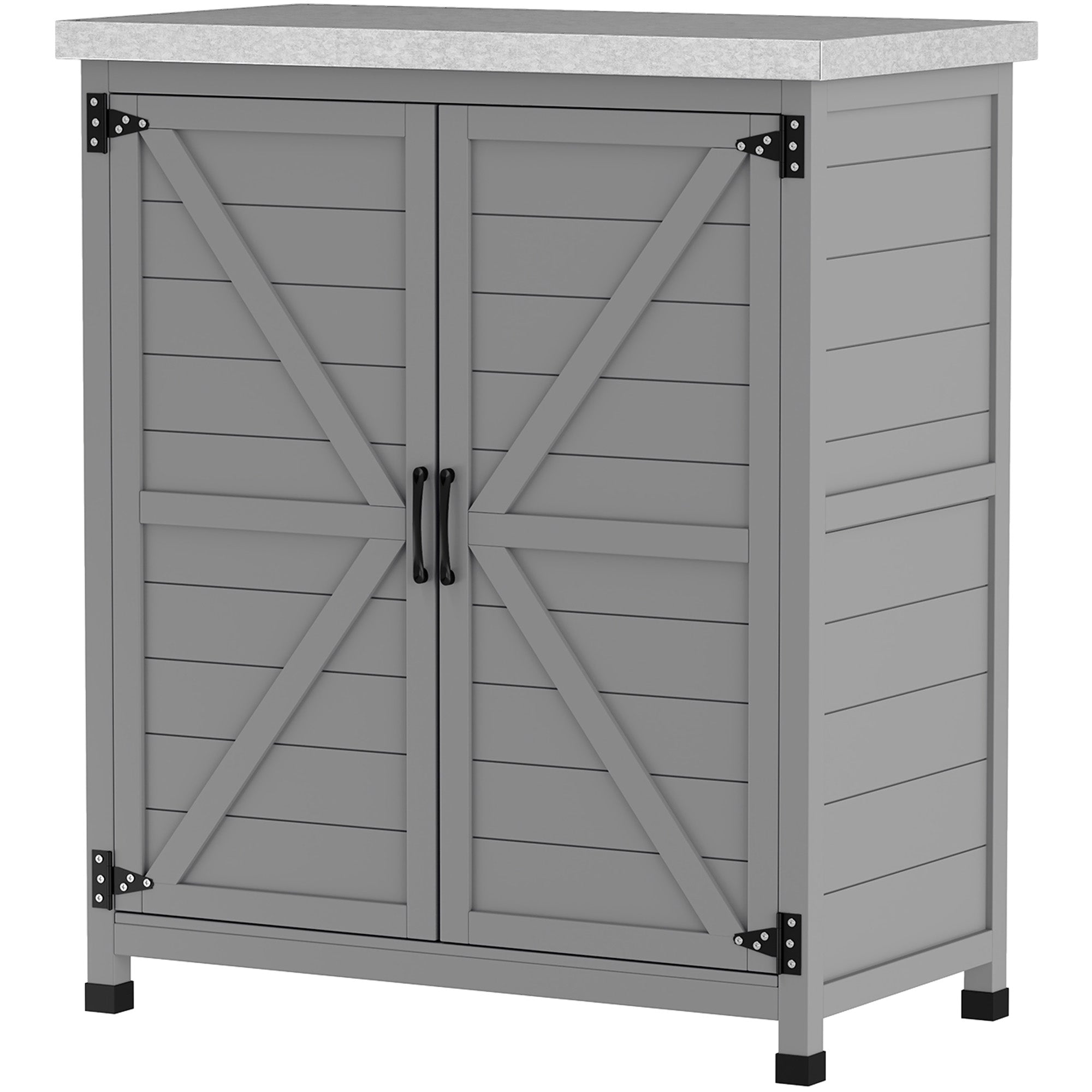Outsunny Garden Storage Cabinet, Outdoor Potting Bench Table with Metal Tabletop, Shelf and Double Doors, Grey