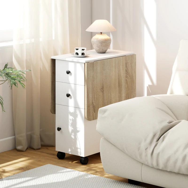 Drop Leaf Dining Table, Mobile Folding Table on Wheels with Drawers and Cabinet for Dining Room, Kitchen, White and Oak