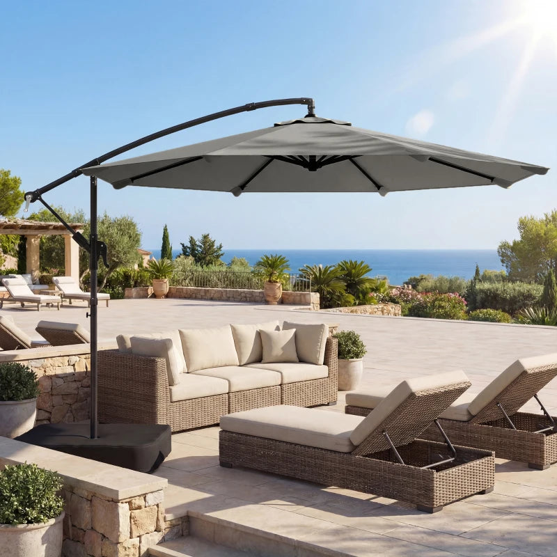 9.6 ft Offset Patio Umbrella with Sandbag, Garden Hanging Banana Cantilever Parasol with 360° Rotation, Grey