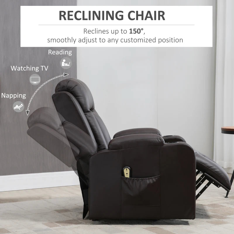 Electric Power Lift Chair, PU Leather Recliner Sofa with Footrest, Remote Control and Cup Holders, Brown