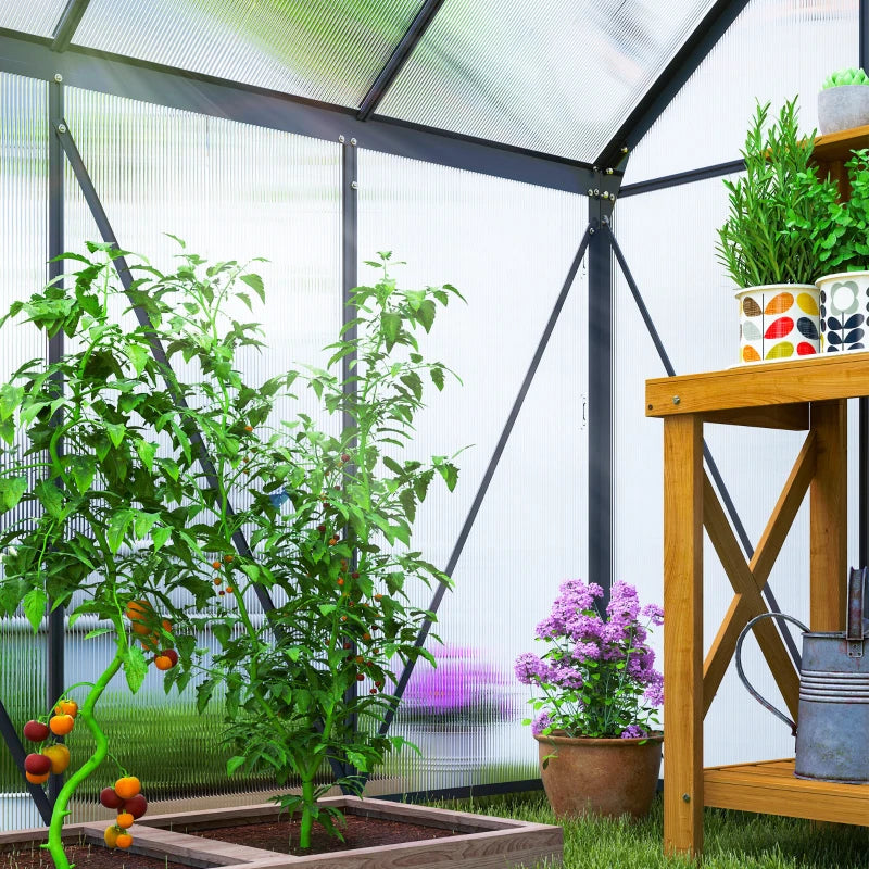 6' x 6' x 6.5' Polycarbonate Greenhouse, Walk-in Green House with Adjustable Roof Vent Galvanized Base Sliding Door Rain Gutter for Outdoor Garden Backyard, Grey