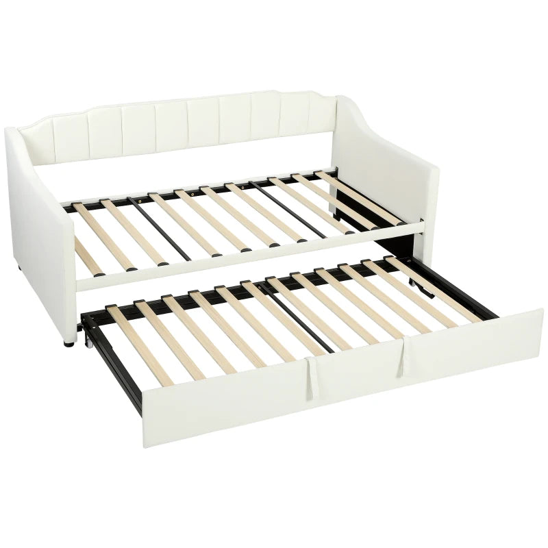 Upholstered Twin Trundle Bed, Extendable Twin to King Day Bed with Headboard and Armrests, Cream White