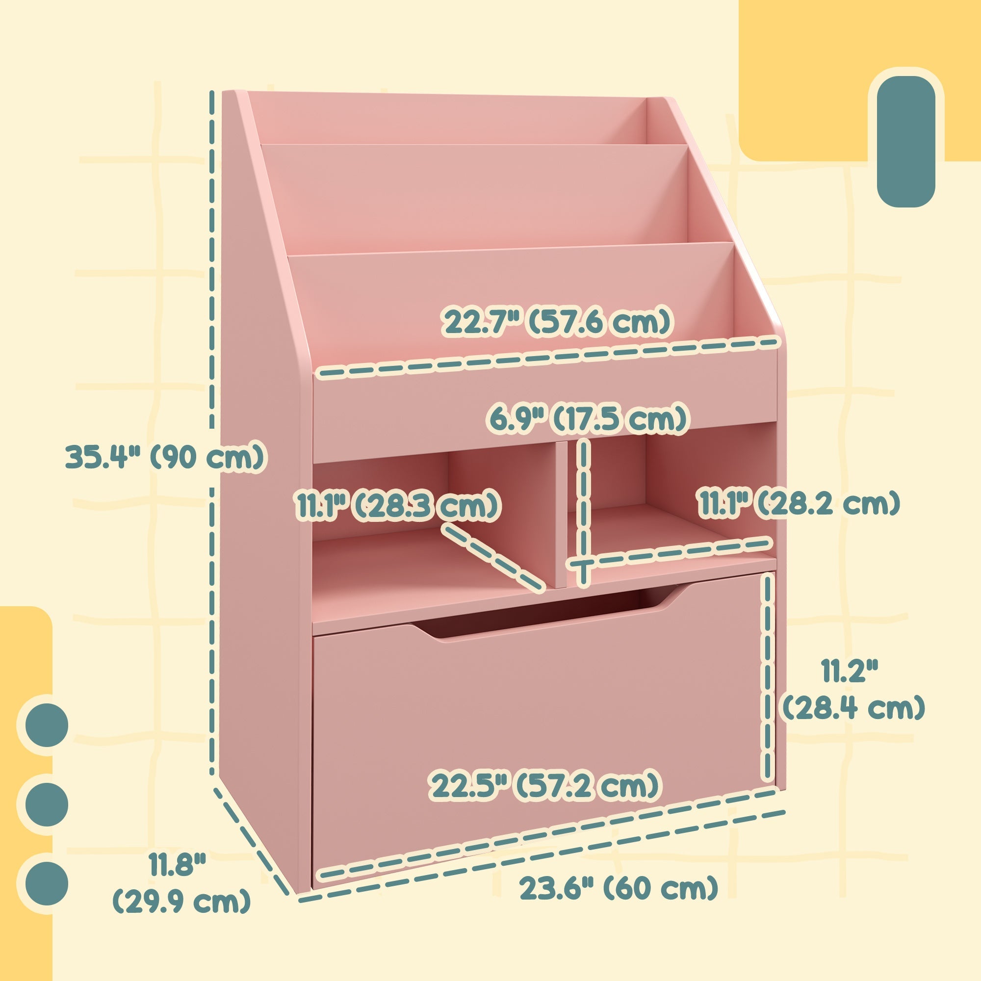 HOMCOM Kids Bookcase with Storage Drawer for Books, Reading Nook, for Classroom, Bedroom, Playroom, Pink