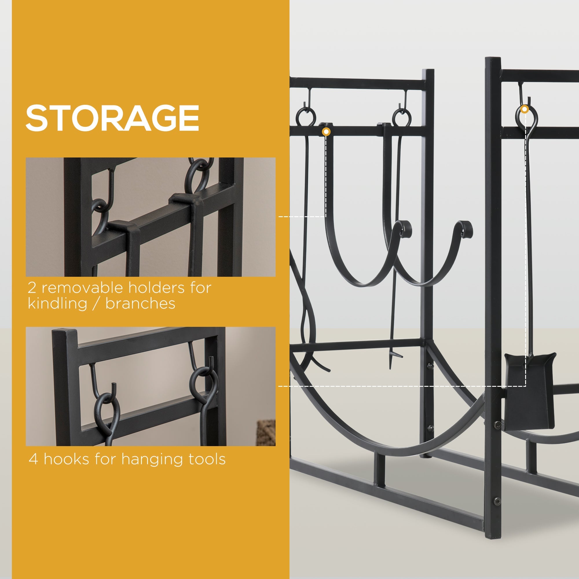 Outsunny 33" 2-Tier Firewood Rack with Tools, Fireplace Wood Storage, Includes Shovel, Broom, Poker, Tongs