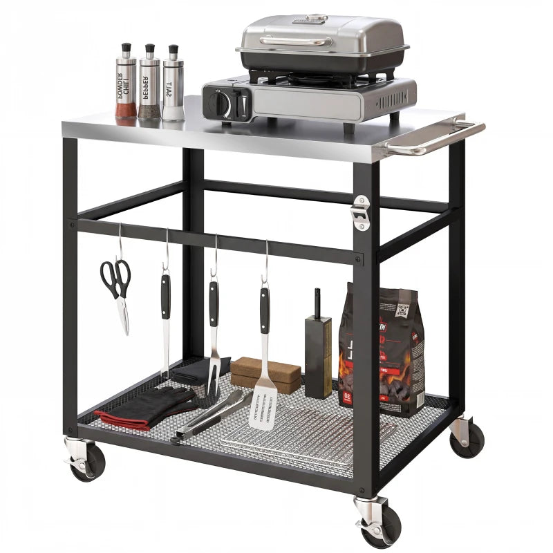 Outdoor Grill Cart with Stainless Steel Tabletop, 2-Tier Kitchen Prep Station with Hooks, Lockable Wheels, Black