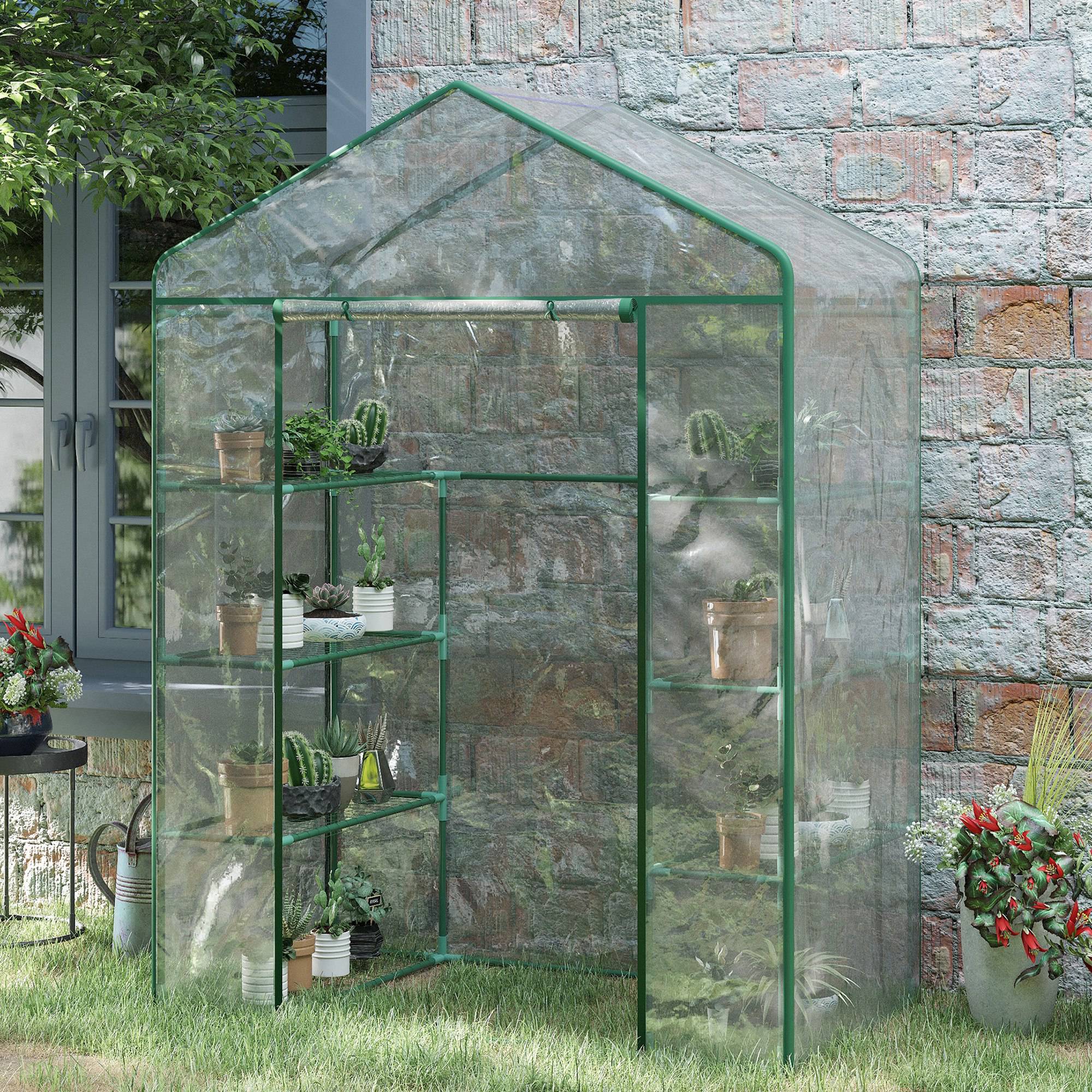 Outsunny Portable Walk-In Garden Plant Greenhouse 56" 4 Shelves Zipper Door Grow Vegetables Flowers Climate Transparent