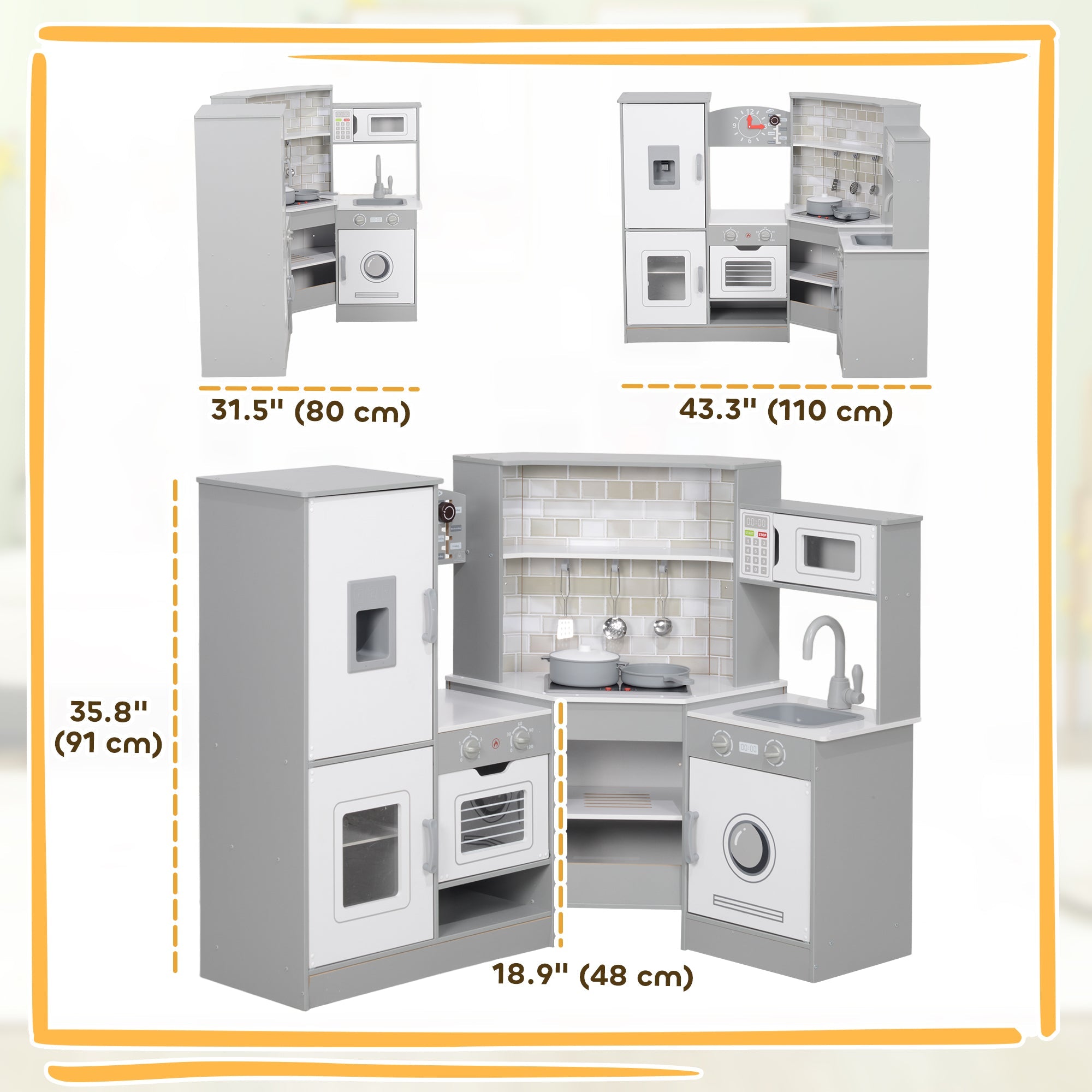 Qaba Corner Play Kitchen, Pretend Play Kitchen Set with Lights & Sounds, Stove Ice Maker Microwave Oven