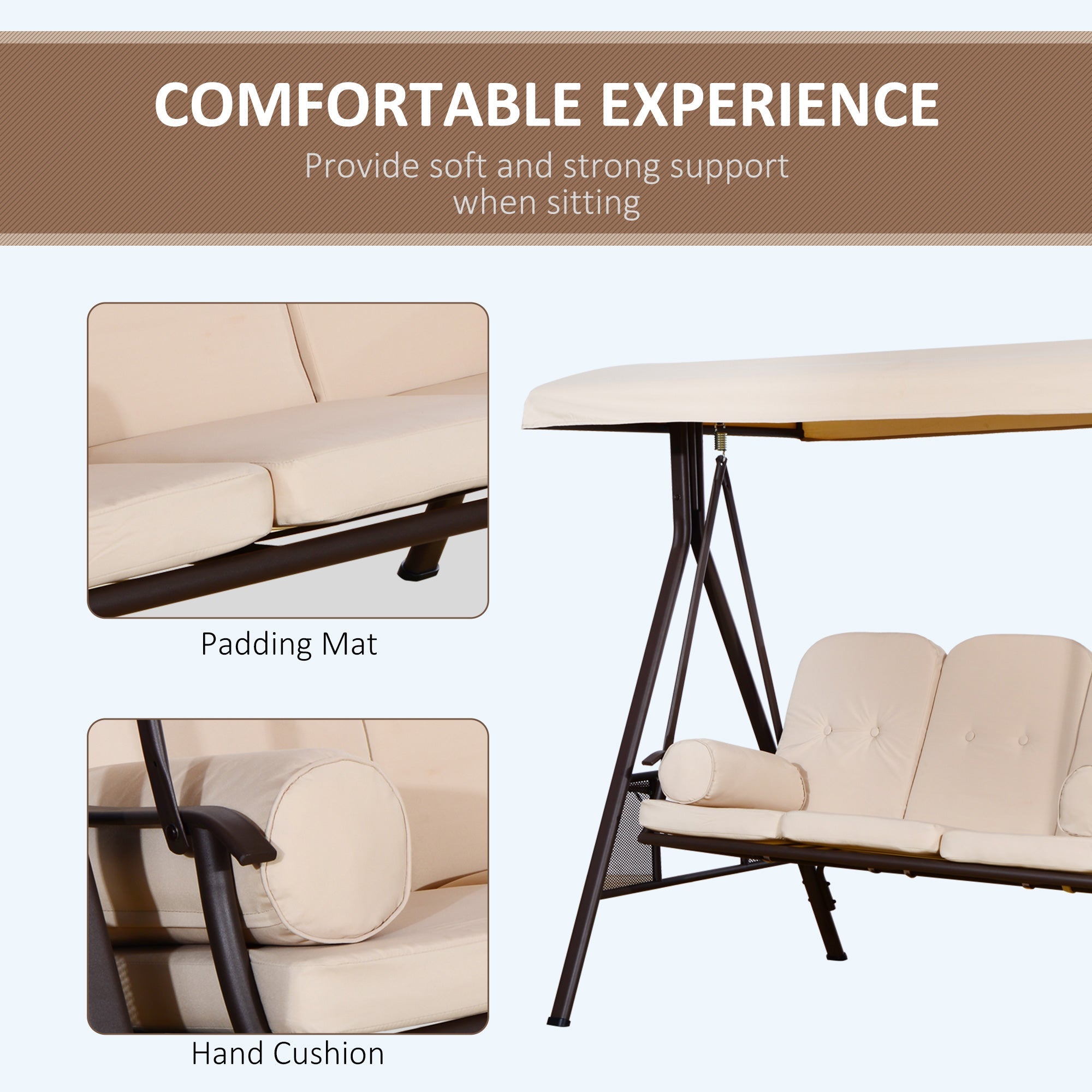 Outsunny 3 Seater Porch Swing Heavy Duty Outdoor Swing Chair Outdoor Lounge Hammock Cushioned Seat with Tilt Canopy, Beige