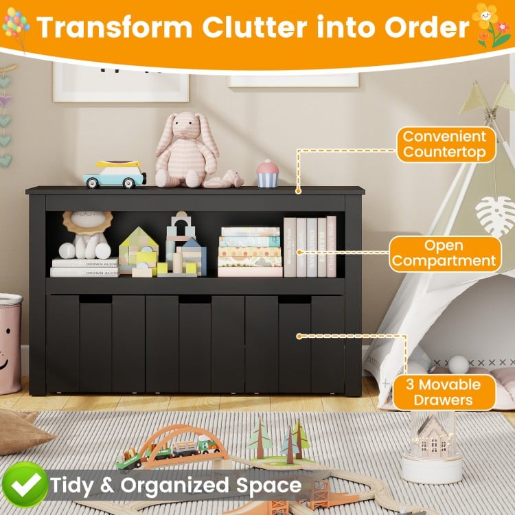 Kid Toy Storage Cabinet Drawer Chest with Wheels and Large Storage Cube Shelf-Black