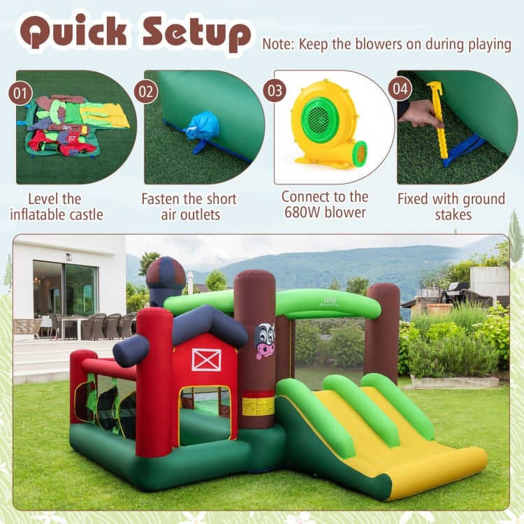 Kids Castle Slide Bouncer 6-in-1 Inflatable Castle with Trampoline and 680W Blower
