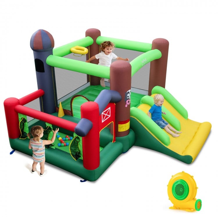 Kids Castle Slide Bouncer 6-in-1 Inflatable Castle with Trampoline and 680W Blower