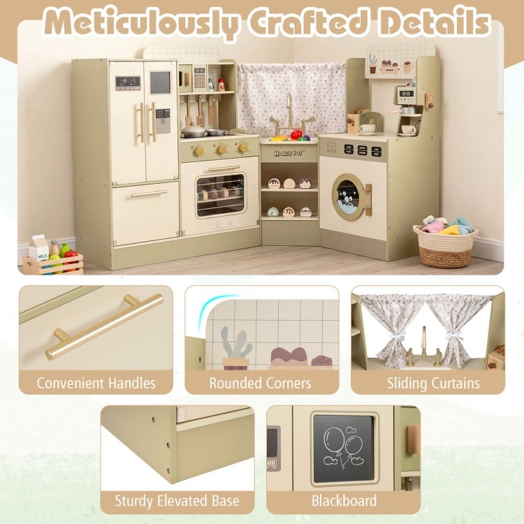 Kids Corner Play Kitchen with Faucet and Dishwasher and Stoves-Green
