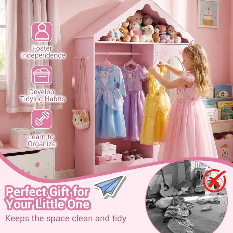 Kids Dress Up Storage with Mirror Roofed Wardrobe Closet with Open Hanging Rack-Pink
