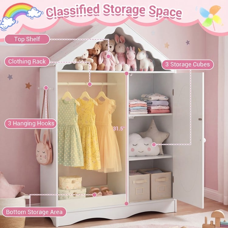 Kids Dress Up Storage with Mirror Roofed Wardrobe Closet with Open Hanging Rack-White