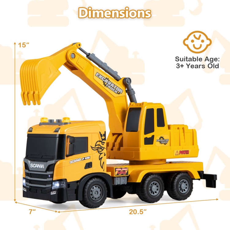 Kids Excavator Truck Toy with Adjustable Arm & Rotating Cab – Licensed Scania