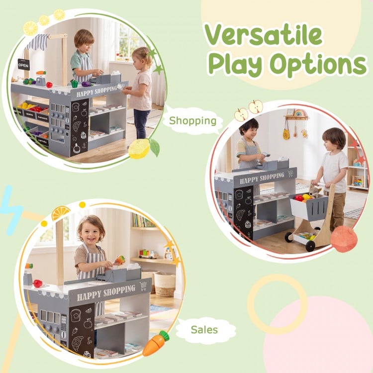 Kids Grocery Store Playset Wooden Pretend Play Supermarket with Shopping Cart-Natural