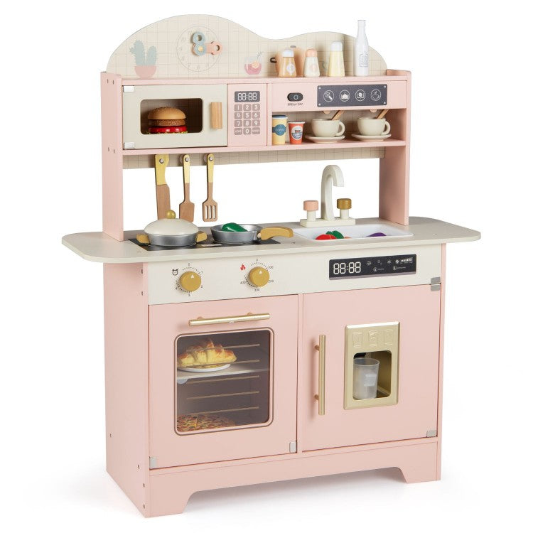 Kids Wooden Kitchen Playset with 17 Accessories, Oven, Microwave, Stove & Pretend Ice Maker – White/Pink