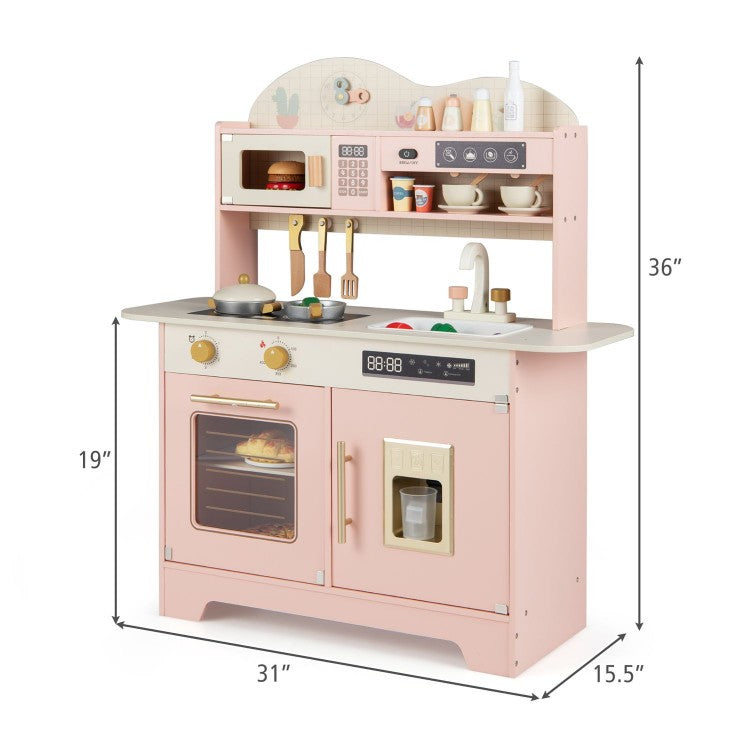Kids Wooden Kitchen Playset with 17 Accessories, Oven, Microwave, Stove & Pretend Ice Maker – White/Pink