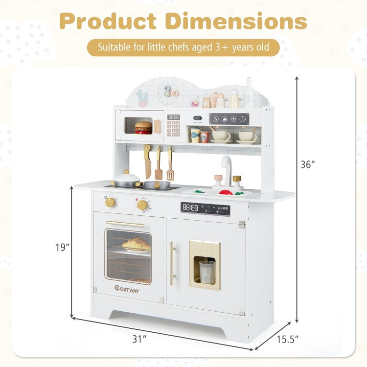 Kids Wooden Kitchen Playset with 17 Accessories, Oven, Microwave, Stove & Pretend Ice Maker – White/Pink