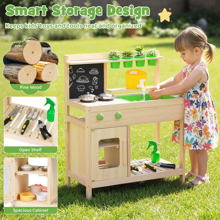 Kids Mud Kitchen Play Pretend Kitchen with Chalkboard for Kids Aged 3+
