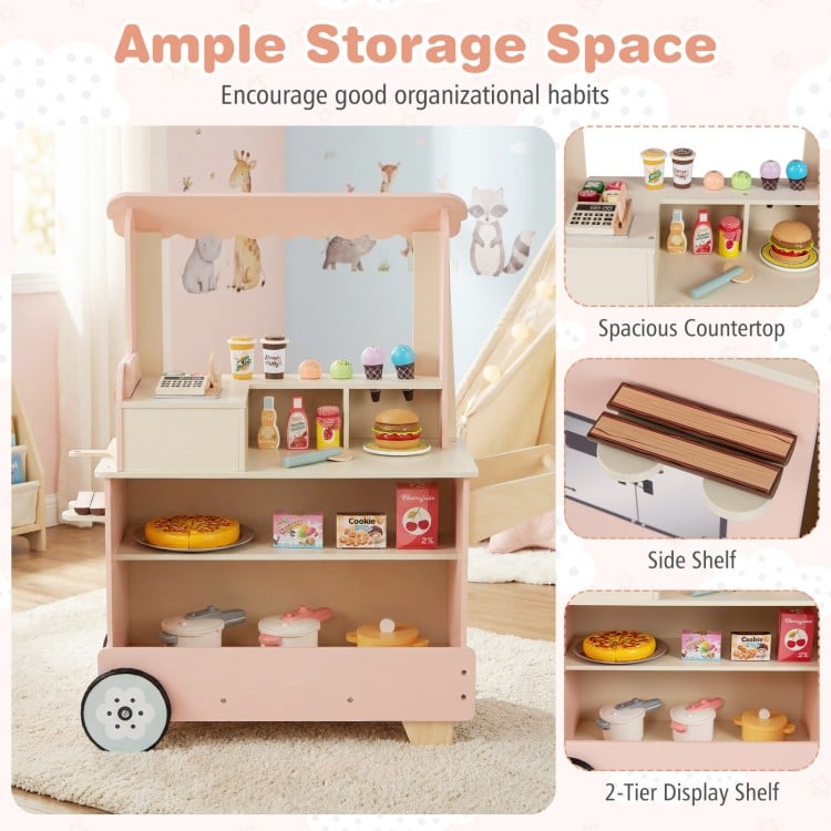Kids Pizza Food Truck Wooden Pretend Play Snack Cart with Oven-Pink