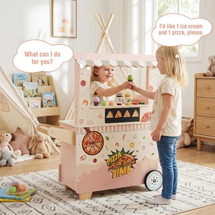 Kids Pizza Food Truck Wooden Pretend Play Snack Cart with Oven-Pink