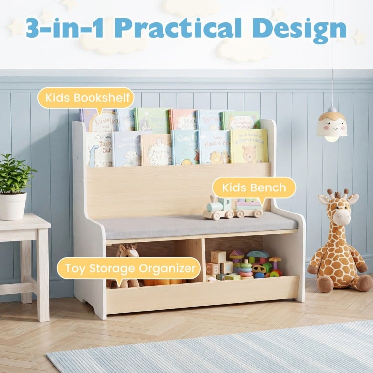 Kids Reading Nook with Bench Bookshelf and 2 Cubbies-White