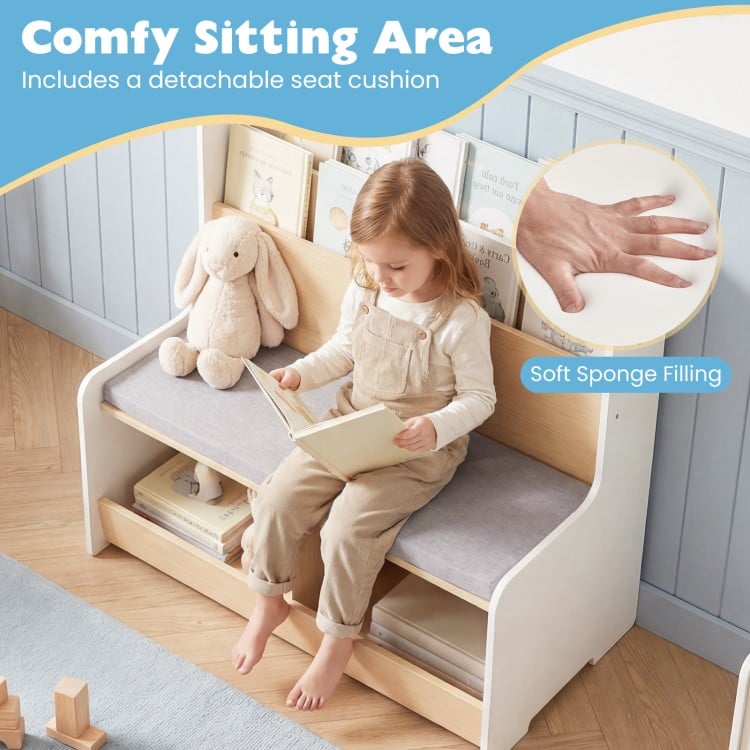 Kids Reading Nook with Bench Bookshelf and 2 Cubbies-White